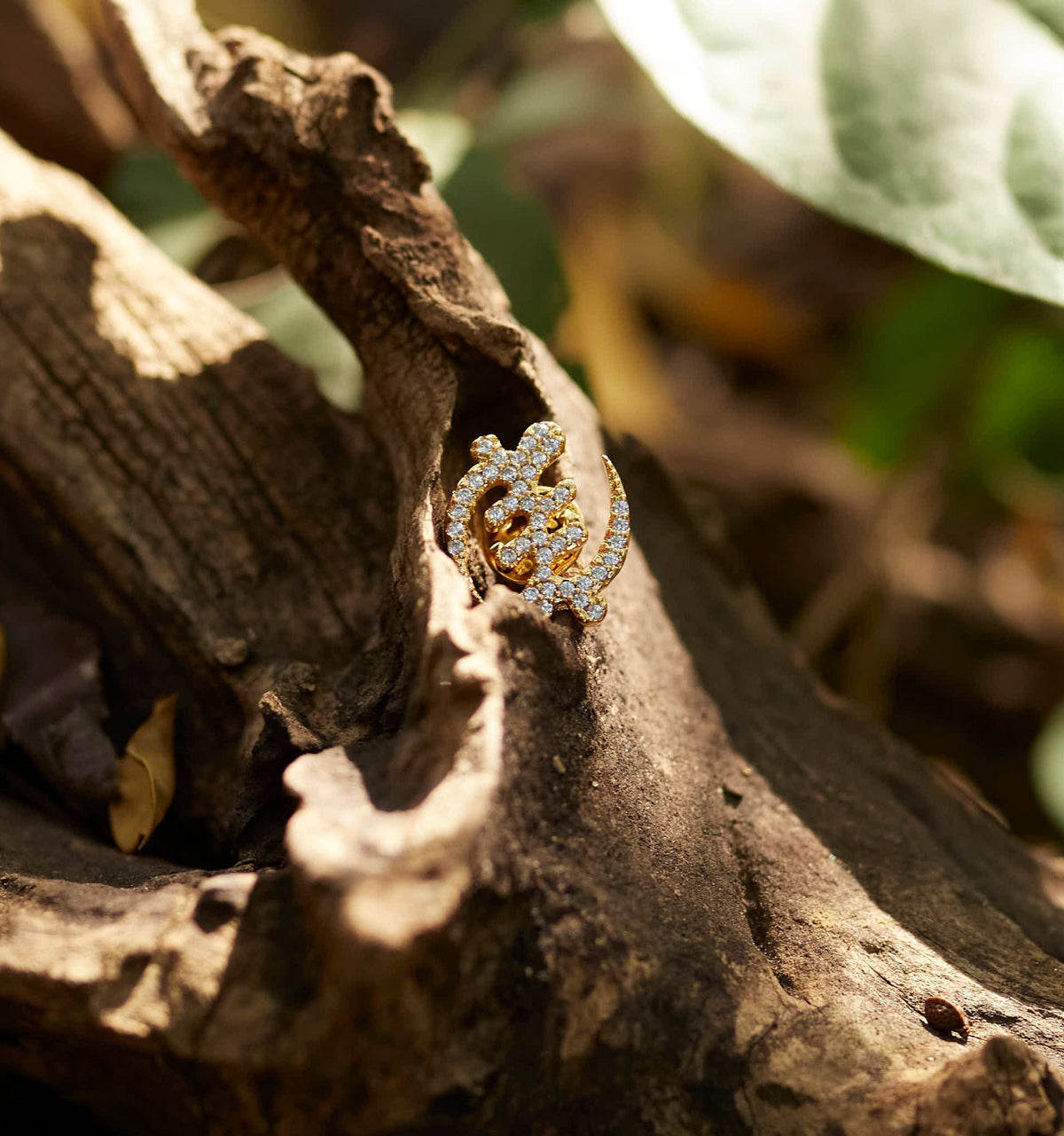 Gold gye nyame lapel pin set on tree bark