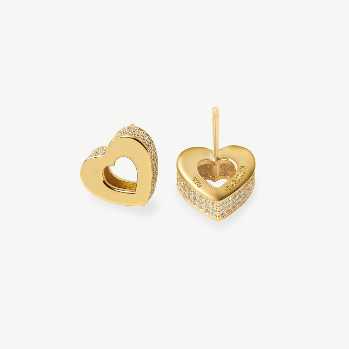 Gold vermeil Akoma heart stud earrings featuring an open-heart design with brilliant high-grade zircon stones pavé-set along the outer edges.