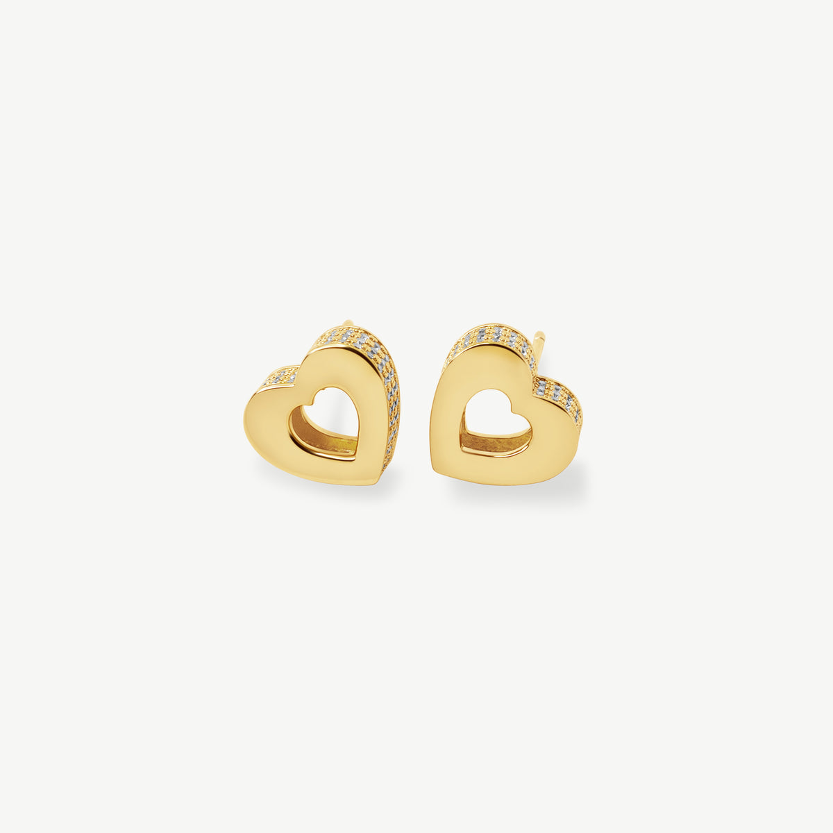 Gold vermeil Akoma heart stud earrings featuring an open-heart design with brilliant high-grade zircon stones pavé-set along the outer edges.