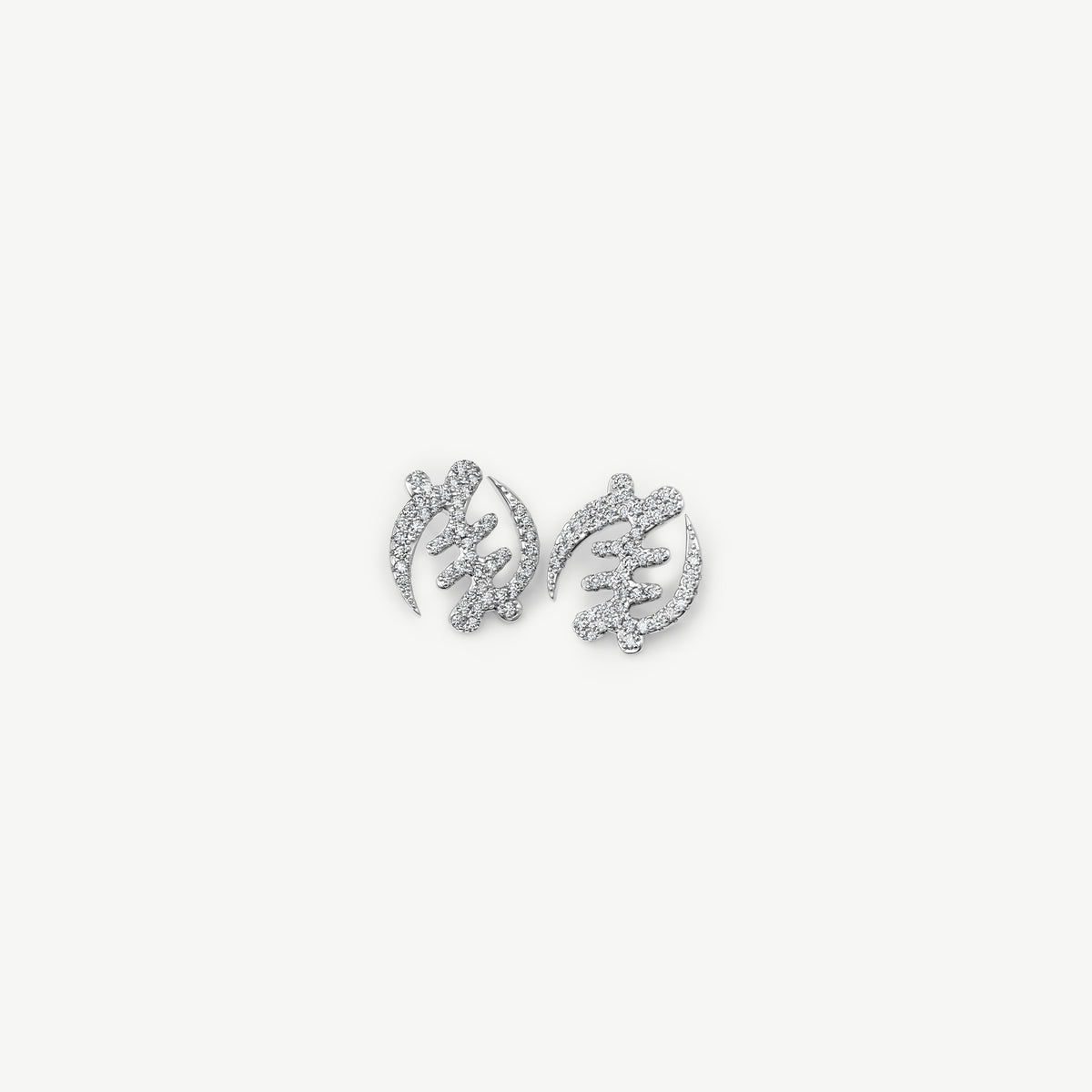 Pair of silver Gye Nyame Adinkra symbol stud earrings, showing the front with pavé-set high-grade zircon stones.