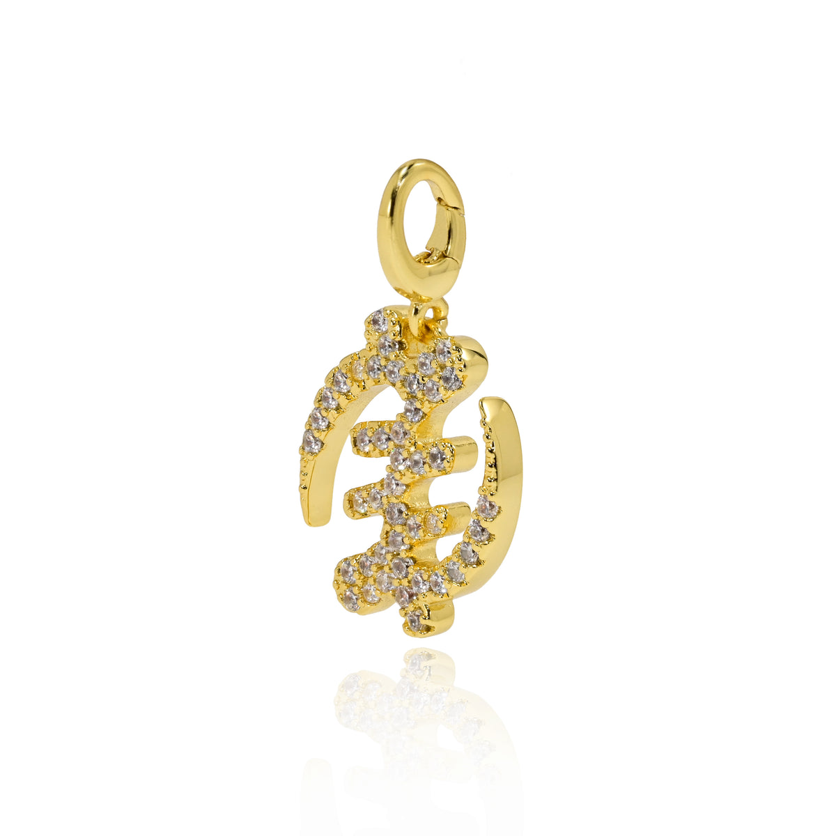 Gye Nyame 18k Gold pendant with high-grade zircon stones on a white background.